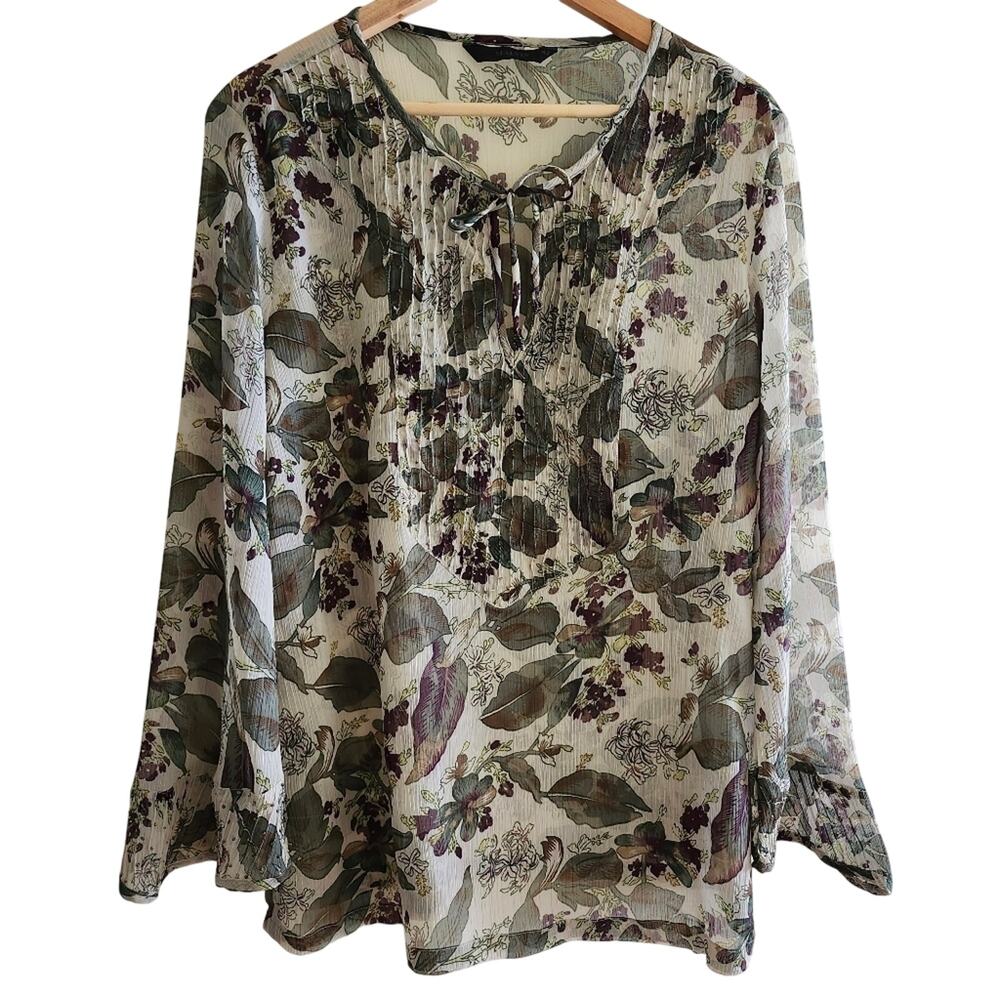 Malvin Boho Tunic Top Sheer Neutral Floral Print with Beading Size 42 US 12